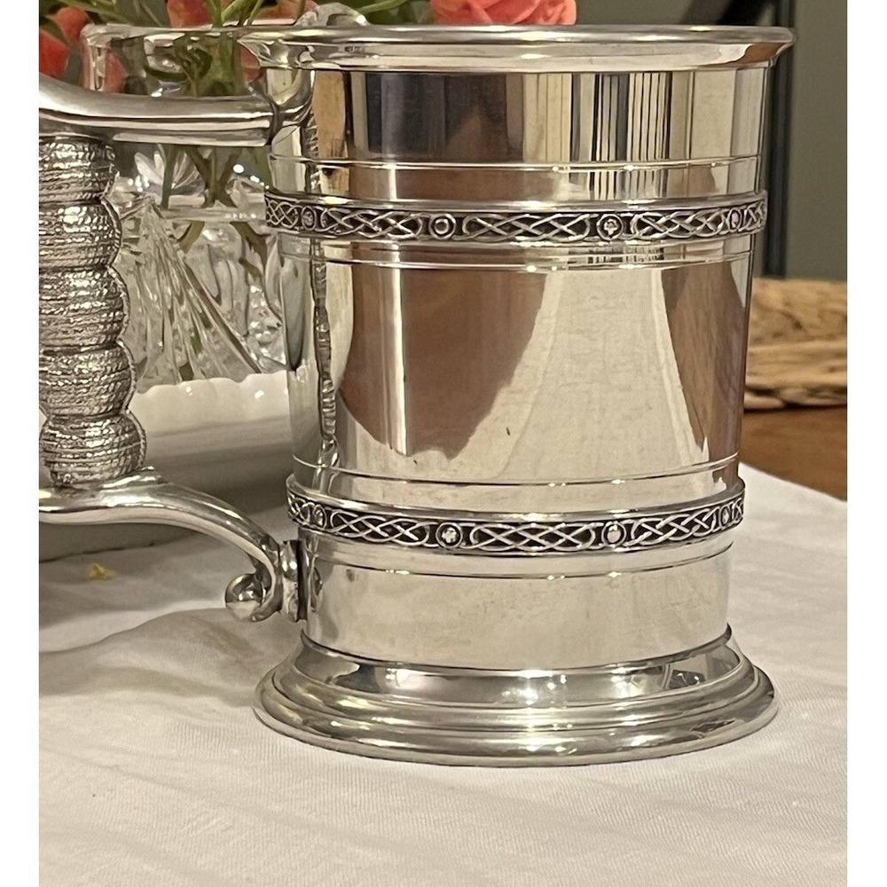 Pewter mug with Celtic Braid Borderand fancy handle Sheffield England